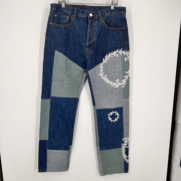 Mnml Jeans Mens 34 Fits 36x32 Patchwork Embroidered Baggy Denim Pants Floral - Picture 13 of 13